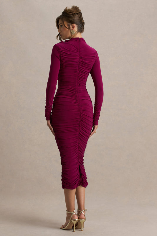 Tamara | Burgundy Long-Sleeve Ruched Midi Dress