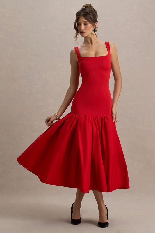 Parida | Red Poplin Drop-Waist Midi Dress With Peplum Hem