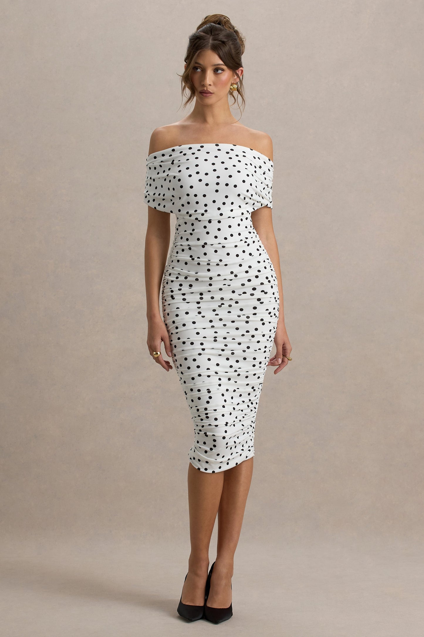 Rayleigh | Polka Dot Bardot Ruched Midi Dress