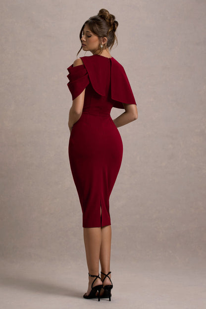 Dorothea | Berry Draped Midi Dress With Cape