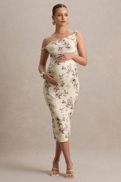 Salome | Lemon Floral Print Floral Print Twisted Asymmetric Maternity Midi Dress