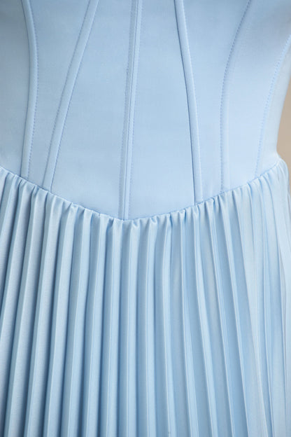 Peyton | Powder Blue Satin Sweetheart-Neck Midi Dress With Pleated Details