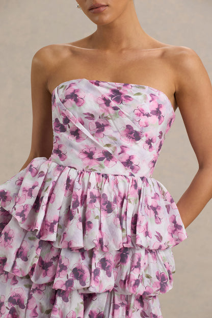 Swirl | Cream Floral Print Bandeau Puffball Mini Dress With Ruffle Detail