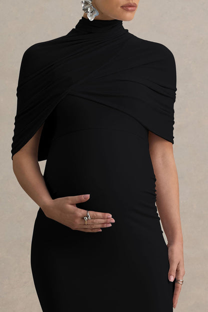 Augustina | Black Maternity Midi Dress With Cape