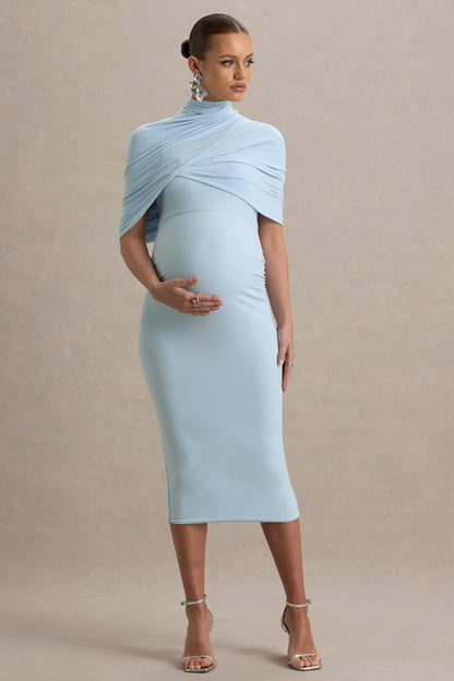Augustina | Powder Blue Maternity Midi Dress With Cape