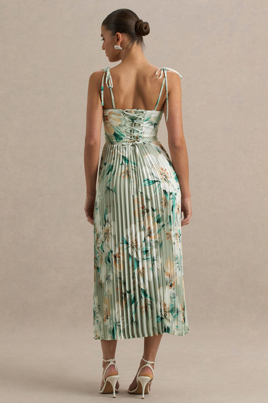 Peyton | Green Floral Print Satin Sweetheart-Neck Midi Dress With Pleated Details