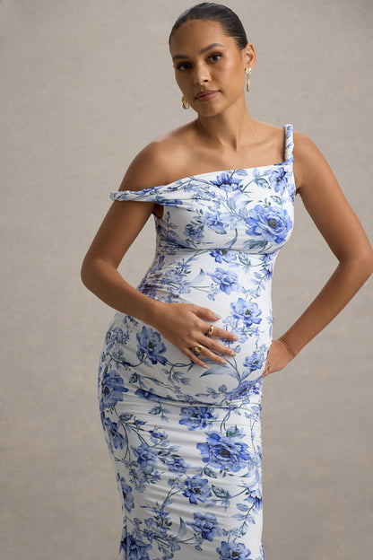 Lita | Blue Floral Print Twisted Asymmetric Maternity Maxi Dress
