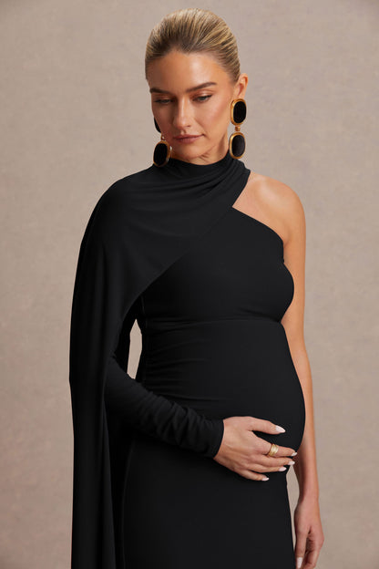 Tessy | Black Asymmetric-Neck Maternity Maxi Dress With Cape-Sleeve