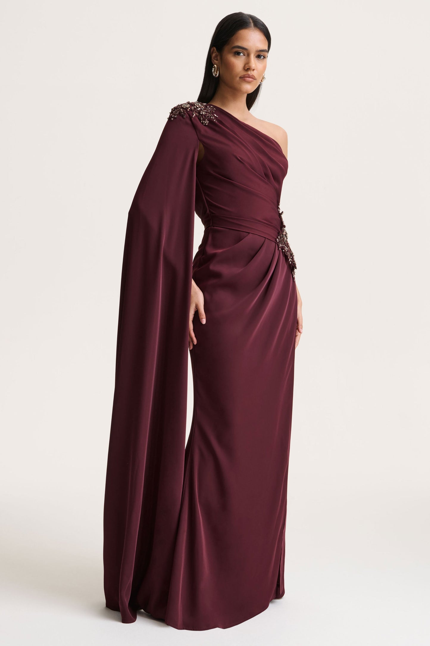Solace | Dark Plum Asymmetric-Neck Maxi Dress With Front-High Split