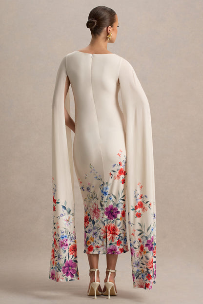 Providence | Light Pink Floral Print Boat-Neck Maternity Midi Dress With Cape Sleeves