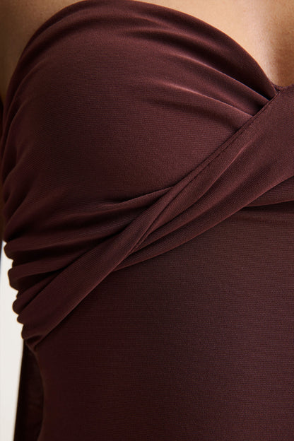 Sheila | Dark Brown Bandeau Maxi Dress With Scarf Detail