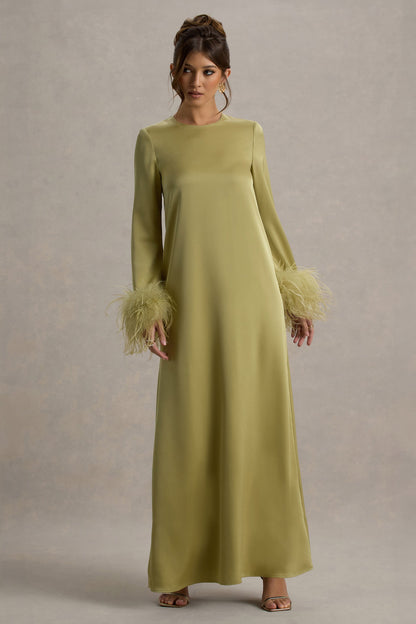 Adella | Light Green Satin Feather-Trim Maxi Dress