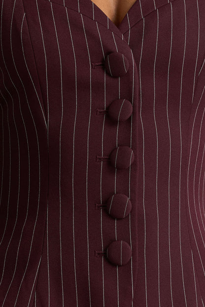 Lana | Burgundy Pinstripe Woven Sweetheart-Neck Tailored Top
