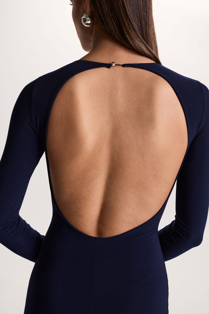 One Step Ahead | Navy Long Sleeve Backless Fishtail Maxi Dress