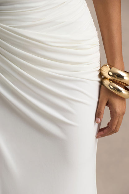 Tilly | Black And White Extreme-Plunge Neck Maxi Dress With Wrap And Ruched Details