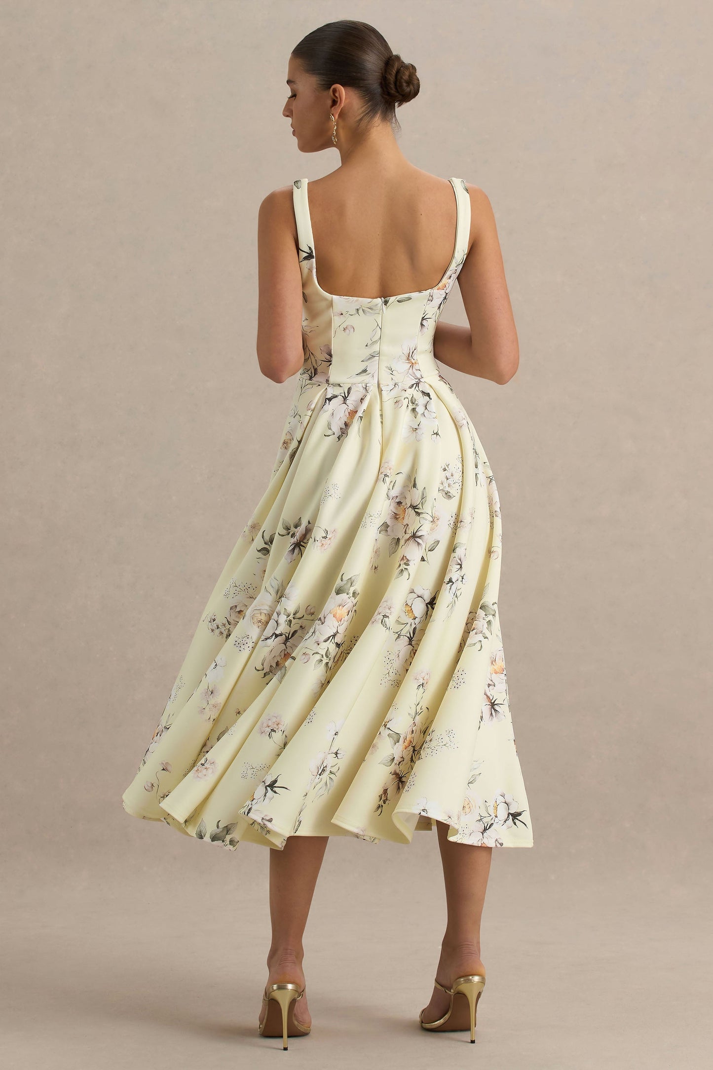 Lissa | Lemon Floral Bouquet Print Square-Neck Midi Dress