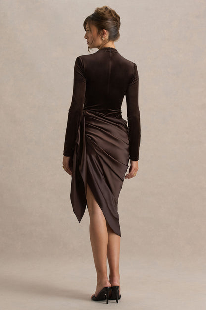 Sasha | Brown Satin And Velvet Midi Dress With Wrap-Detail
