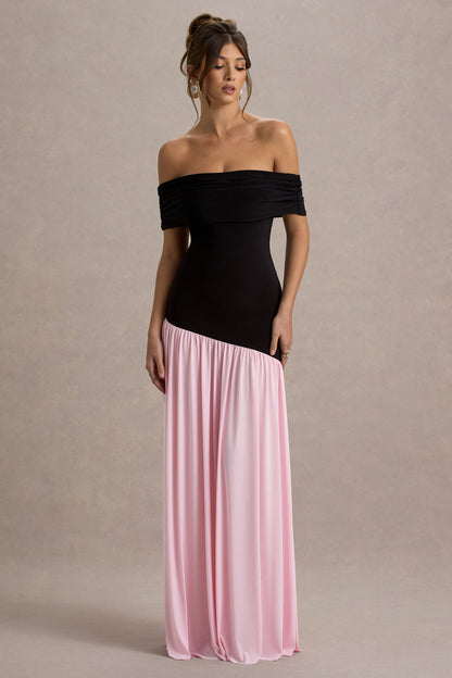 Venezia | Black & Pink Bardot Maxi Dress With Drop-Waist