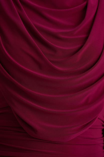 Wanderer | Burgundy Crew-Neck Midi Dress With Draped and Ruched Detailing