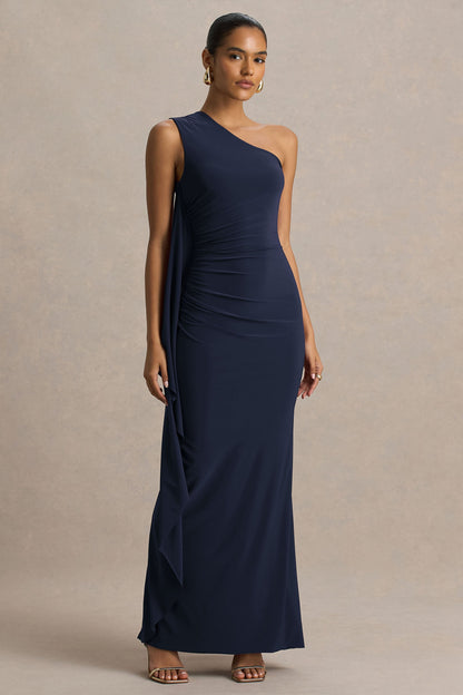 Adelina | Navy One-Shoulder Maxi Dress With Drape