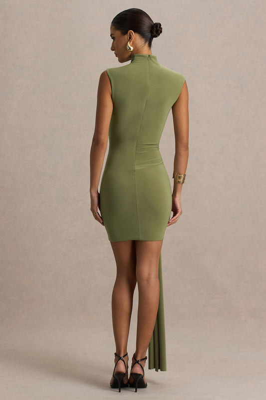 Sorenna | Olive High-Neck Mini-Dress With Wrap And Sash Detail