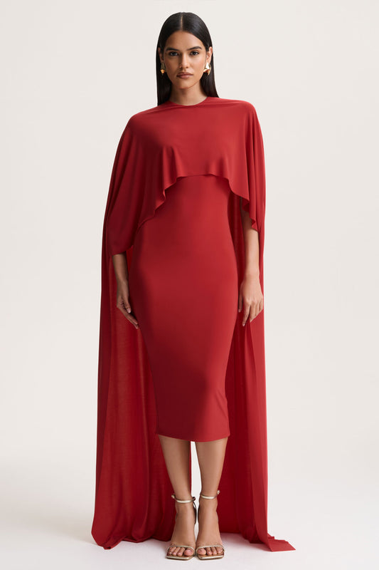 Kalani | Red Crew-Neck Midi Dress With Cape-Sleeves