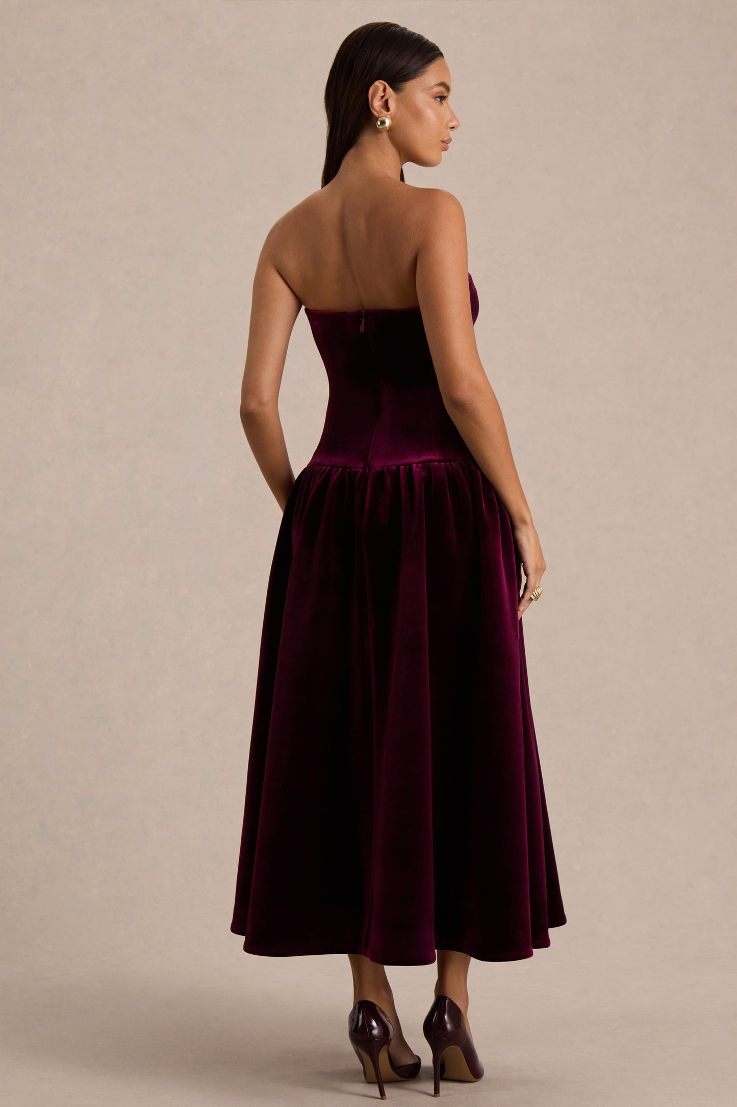 Violetta | Burgundy Velvet Bandeau Midi Dress With Drop-Waist And Gathered Skirt