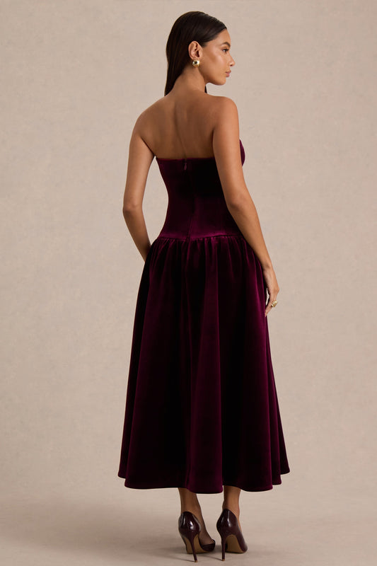 Violetta | Burgundy Velvet Bandeau Midi Dress With Drop-Waist And Gathered Skirt