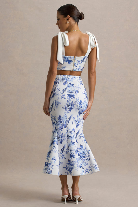 Amadea | Blue Porcelain Print Fishtail Midi Skirt