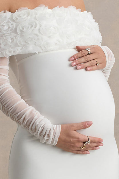 Adita | White Mesh Floral Bardot Maternity Midi Dress