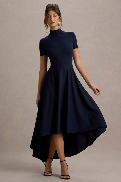 Bellona | Navy High-Neck High-Low Midi Dress