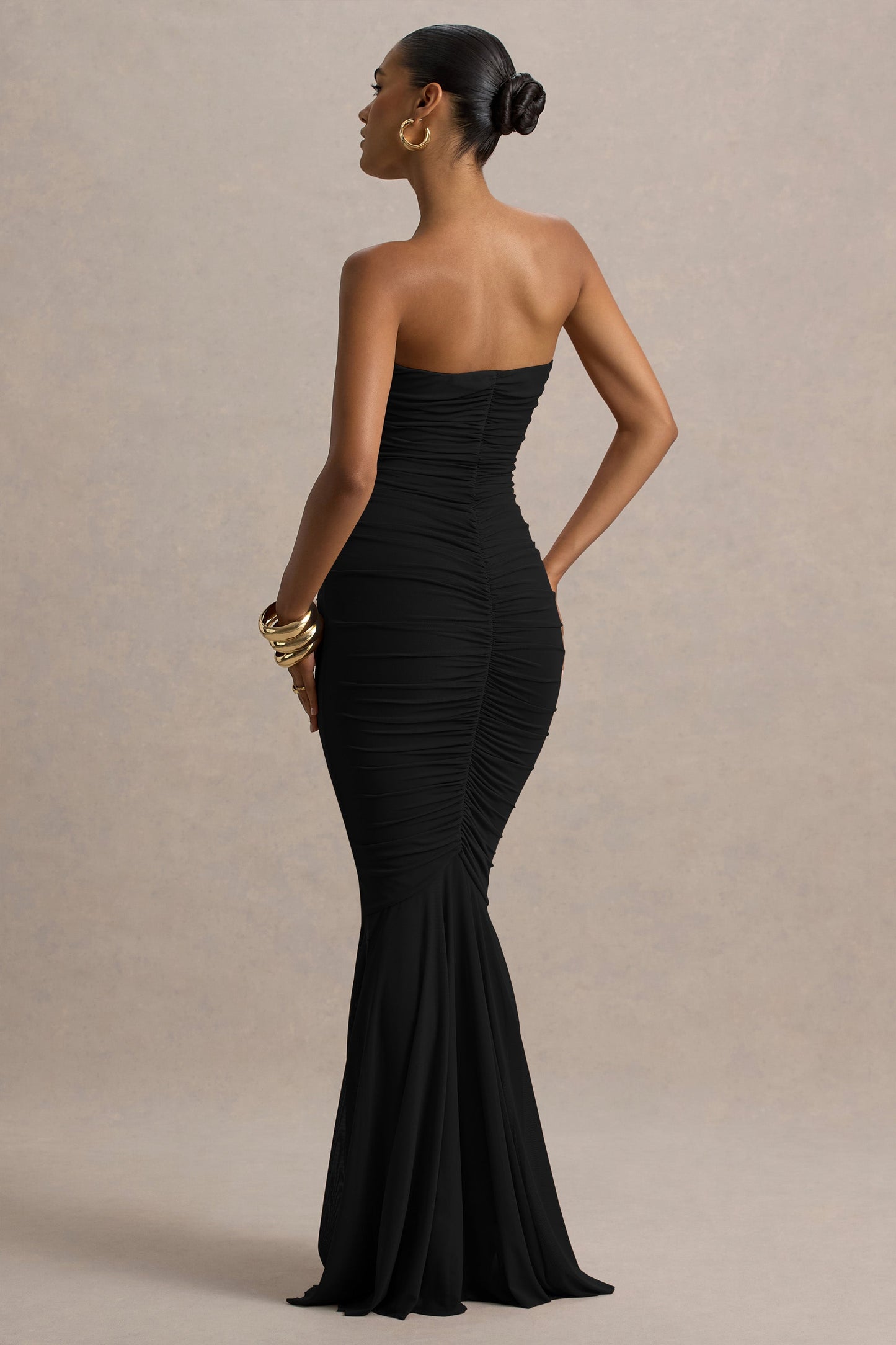 Talisa | Black Bandeau Ruched Maxi Dress With Mesh Fishtail