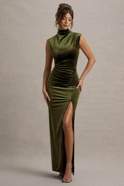 Abilene | Olive Velvet High-Neck Split Maxi Dress