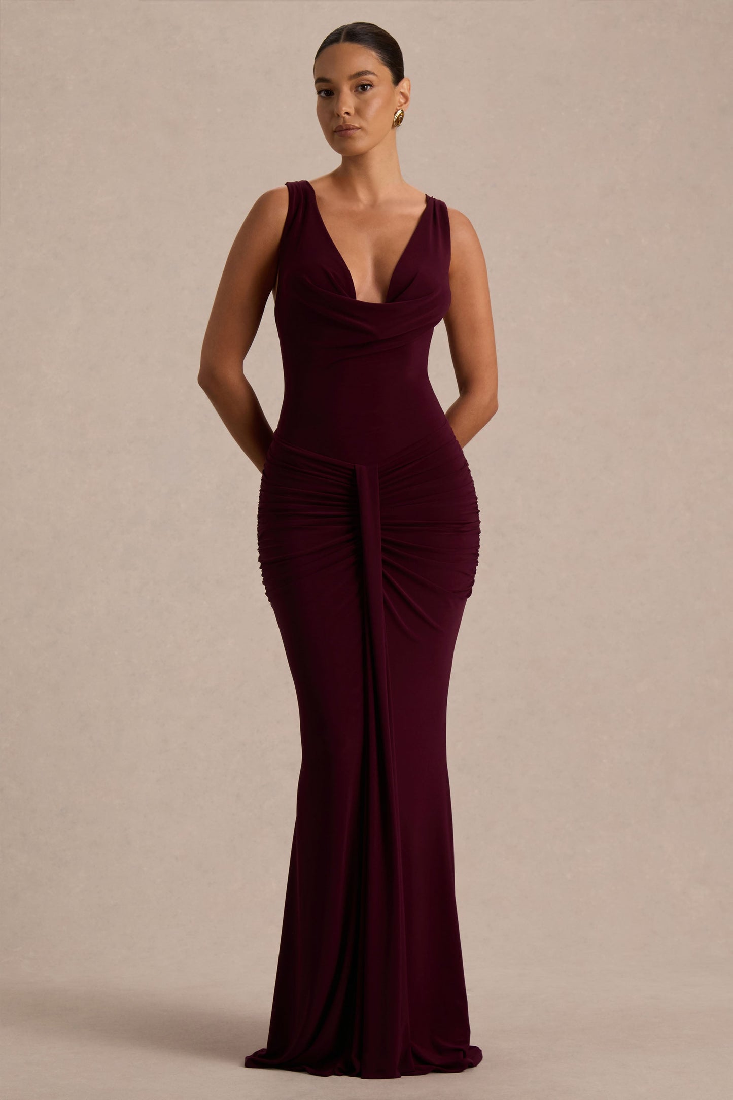 Mallie | Burgundy Cowl-Neck Maxi Dress With Open-Back And Gathered-Detailing