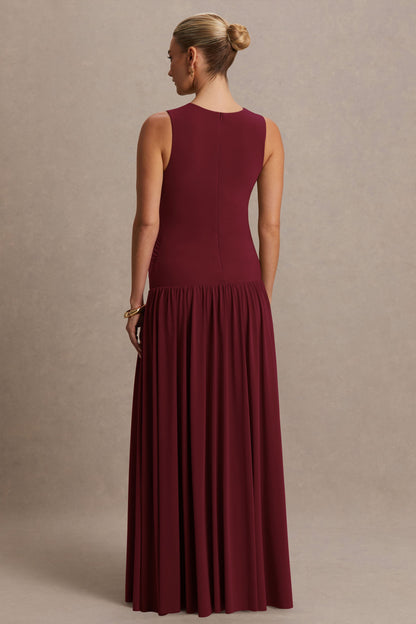 Outline | Burgundy Crew-Neck Maternity Maxi Dress With Pleated Skirt
