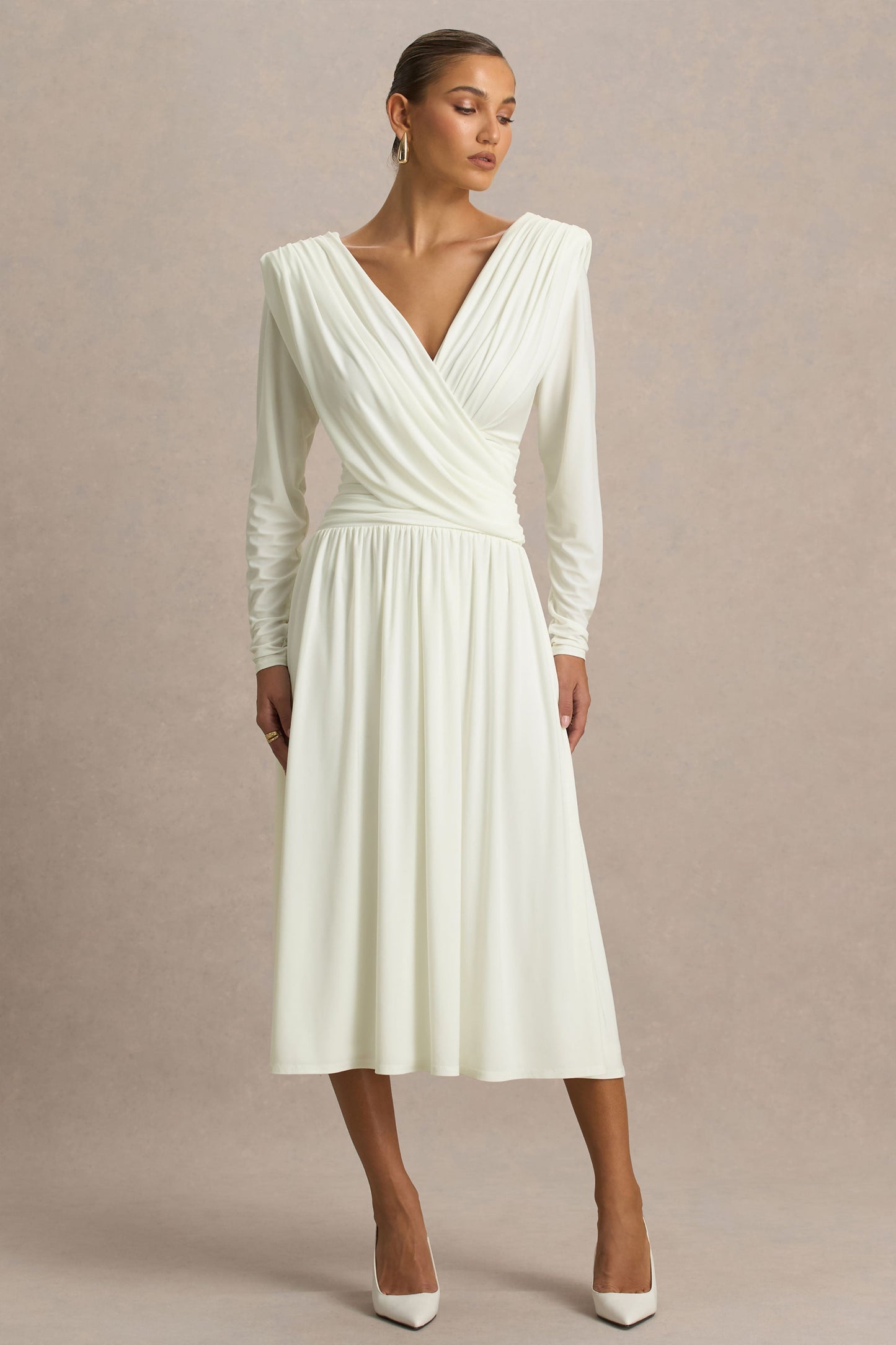Alexis | Cream Plunge-Neck Midi Dress With Draped And Ruched Detailing