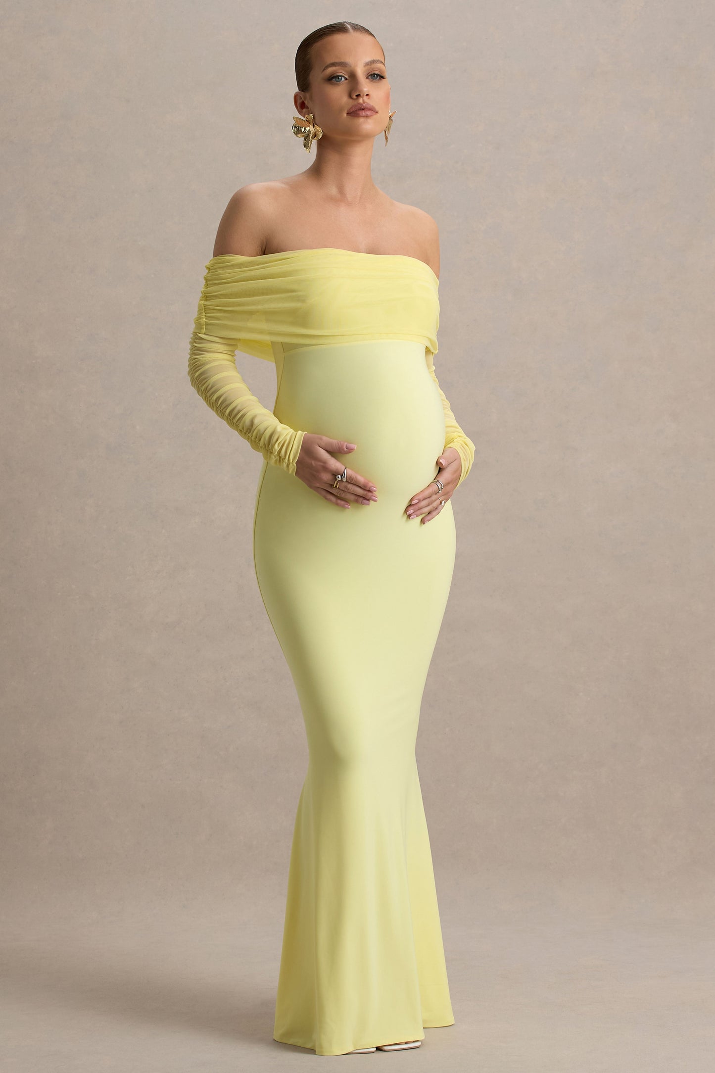 Pretty Perfect | Lemon Maternity Ruched Mesh Bardot Maxi Dres