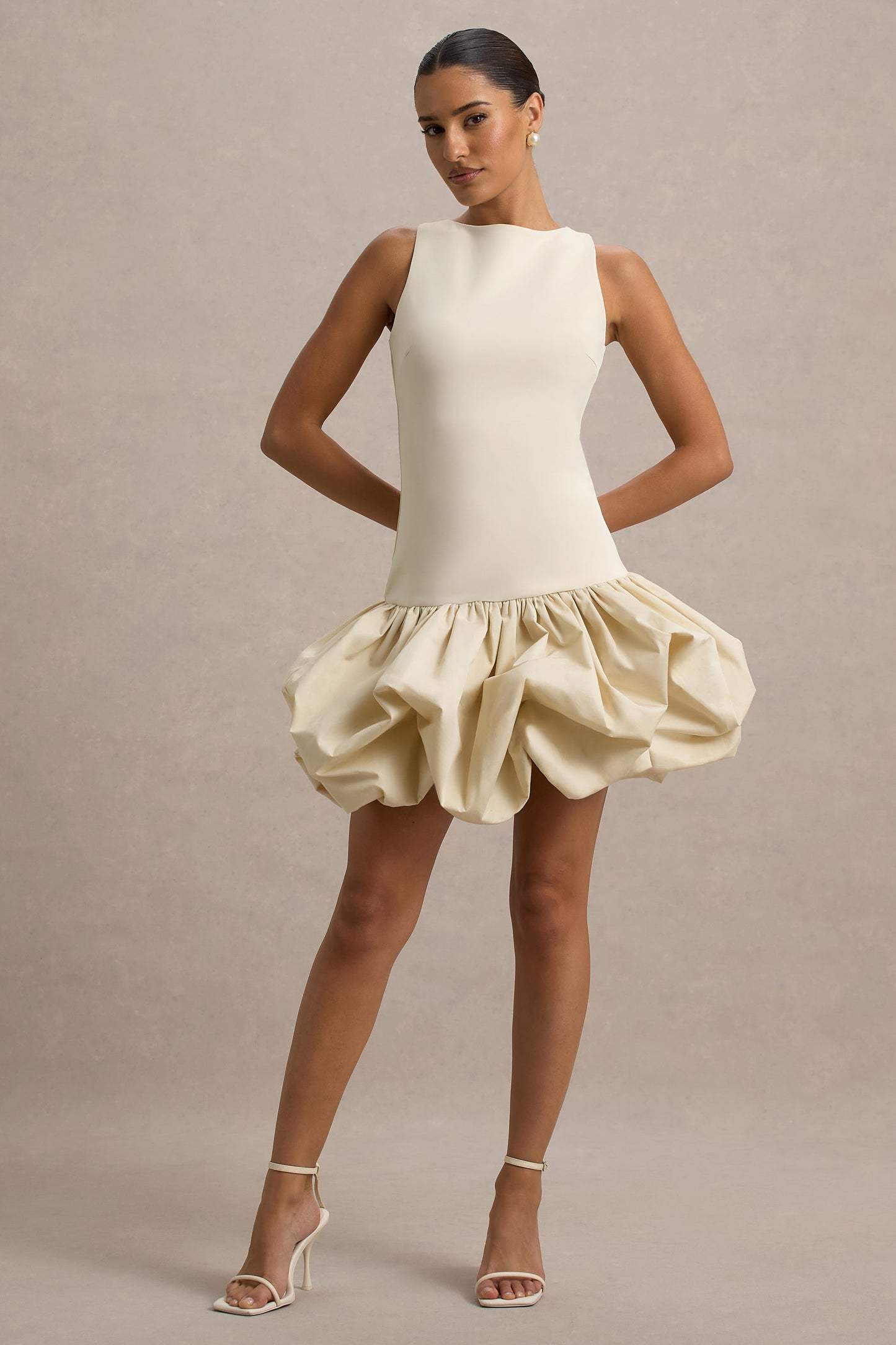 Tamie | Stone Boat-Neck Ruffled Mini Dress