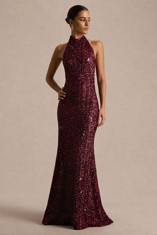 Tulia | Burgundy Sequin High-Neck Maxi Dress