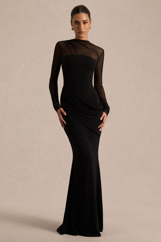 Deema | Black Jersey And Mesh High Neck Maxi Dress