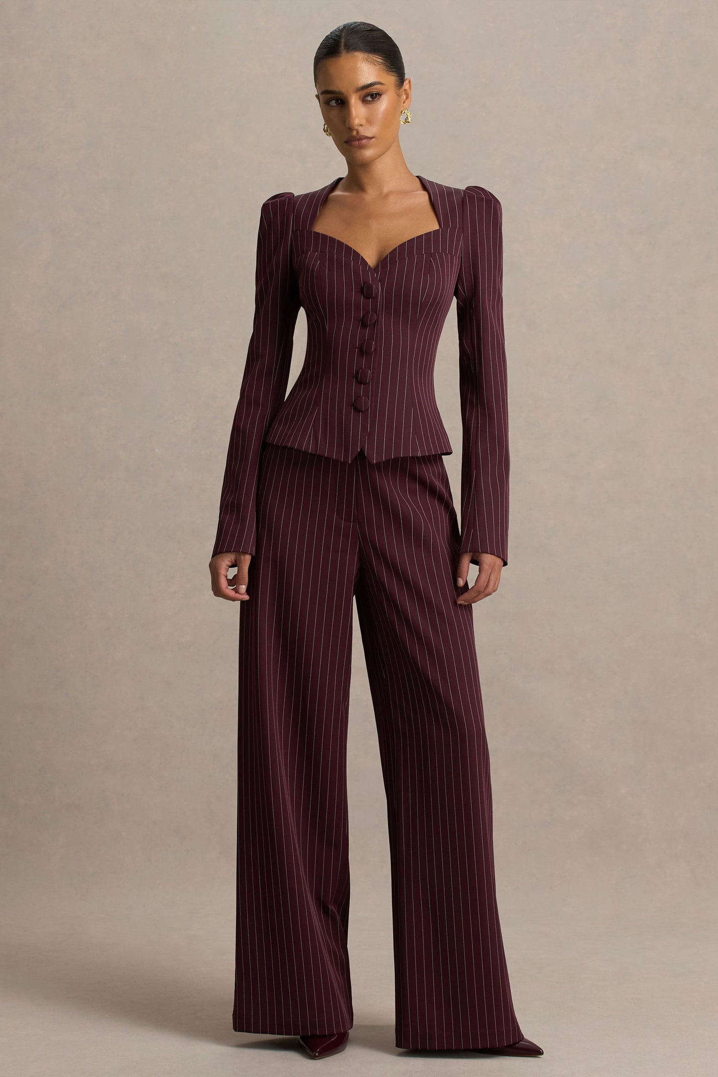 Asteria | Burgundy Pinstripe Wide-Leg Trousers