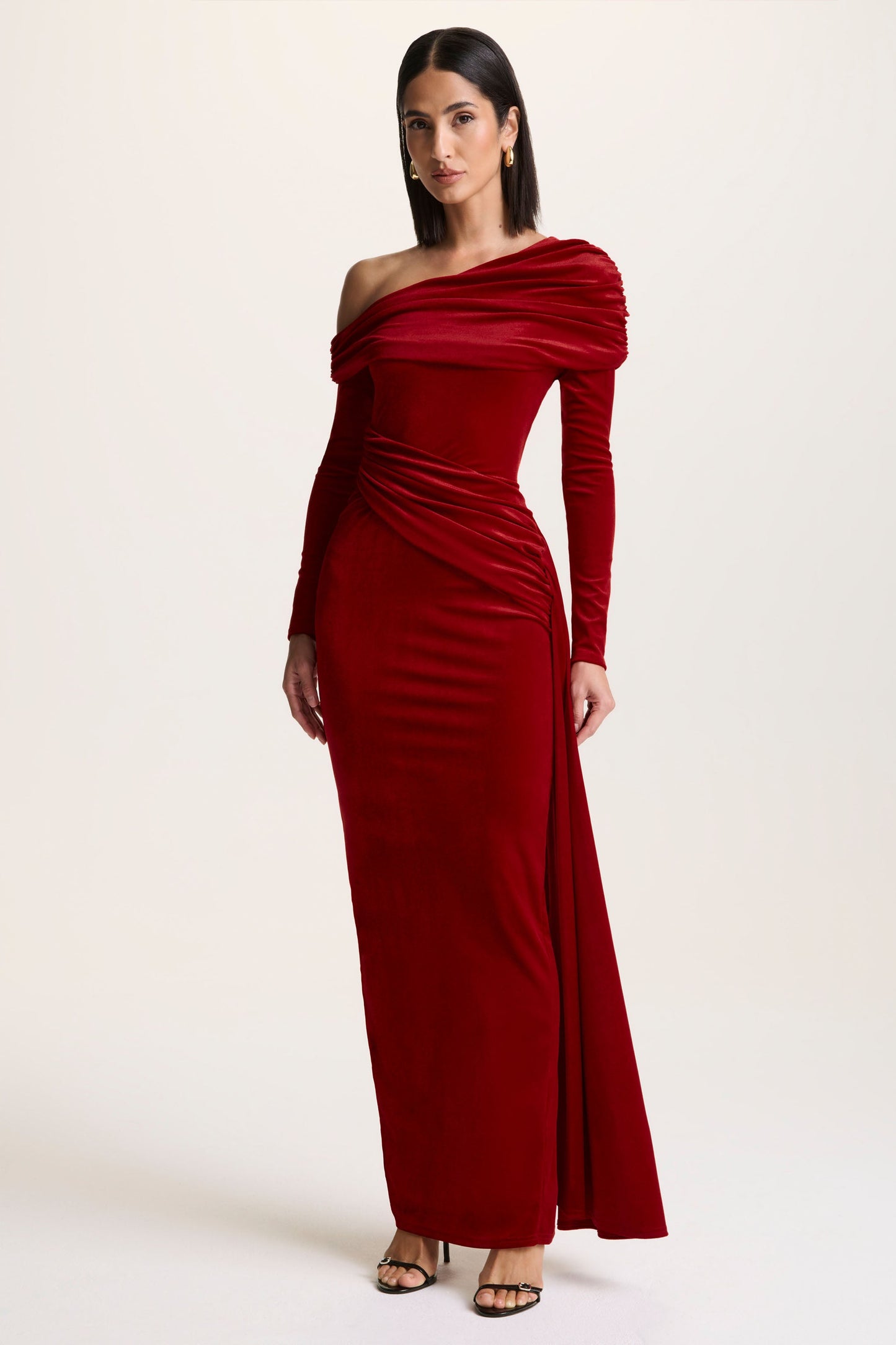 Hadria | Red Velvet Asymmetric-Neck Maxi Dress With Sash-Detail