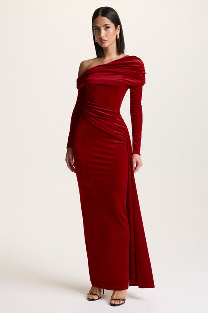 Hadria | Red Velvet Asymmetric-Neck Maxi Dress With Sash-Detail