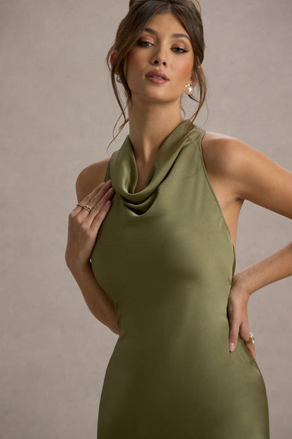 Amelita | Khaki Satin Cowl-Neck Maxi Dress