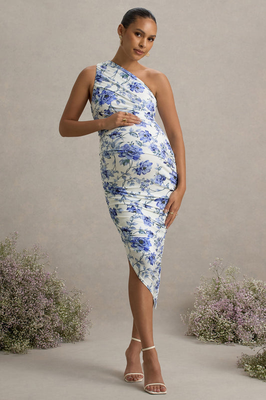 Late Night | Blue Floral Print Maternity Ruched One Shoulder Midi Dress