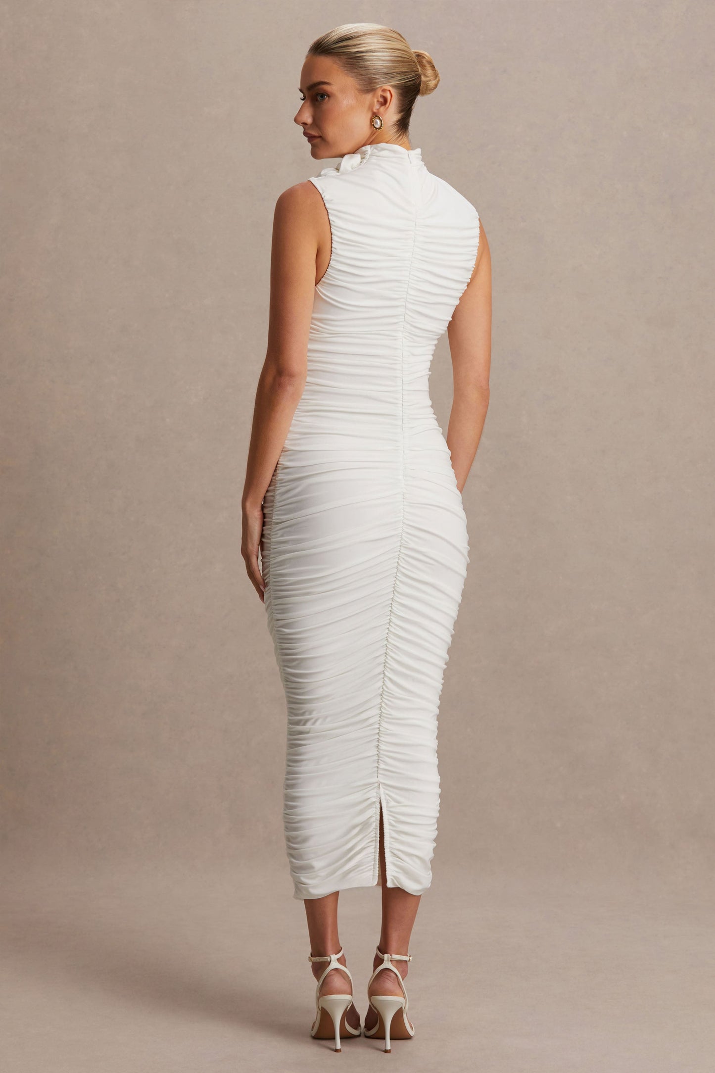 Shellie | White High-Neck Maternity Midi Dress With Corsage Detail
