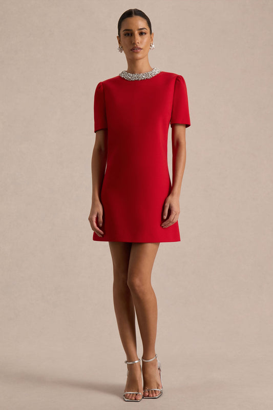 Jackie | Red Embellished High-Neck Mini Dress