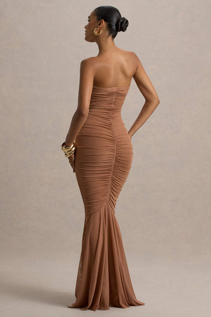 Talisa | Mocha Bandeau Ruched Maxi Dress With Mesh Fishtail