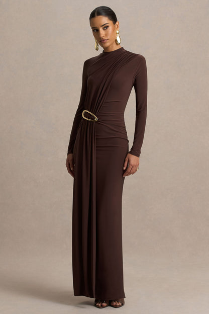 Zadie | Brown High-Neck Maxi Dress With Gathered-Detail