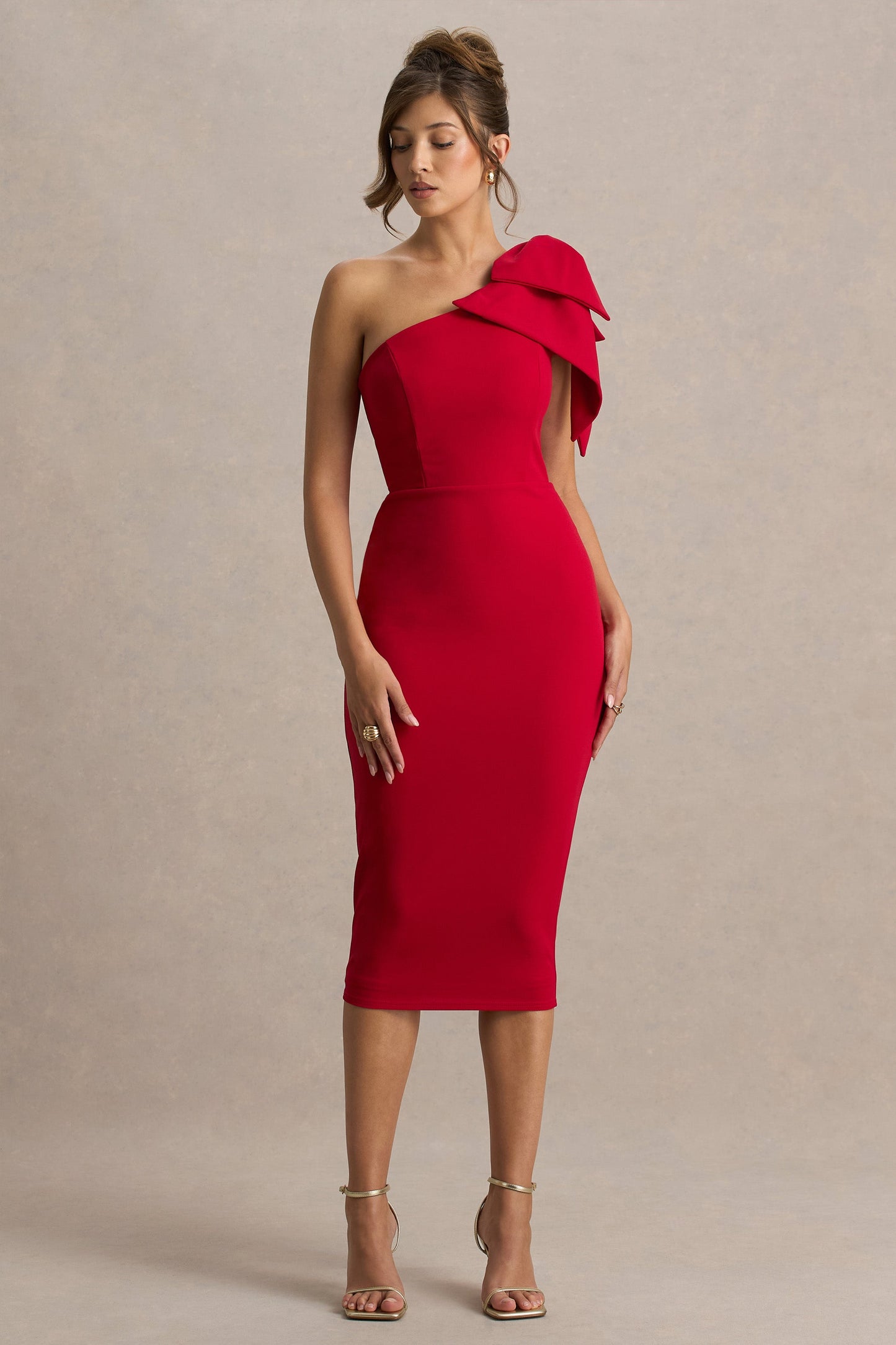 Ambretta | Red One-Shoulder Midi Dress With Bow